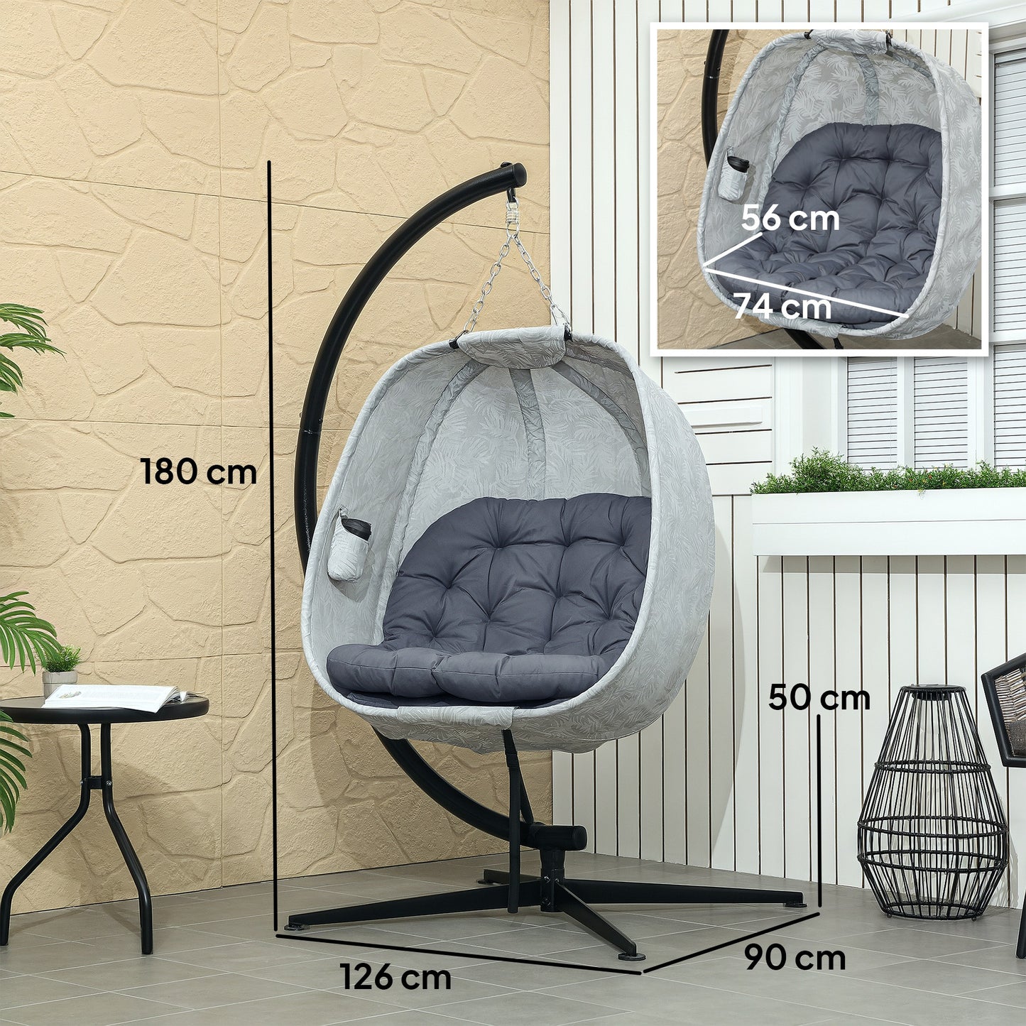 Hanging Egg Chair Outdoor Indoor Garden Swing Chair With Folding Basket, Garden Hanging Chair With Stand, Thickened Cushion, Cup Holder For Patio, Balcony, Grey