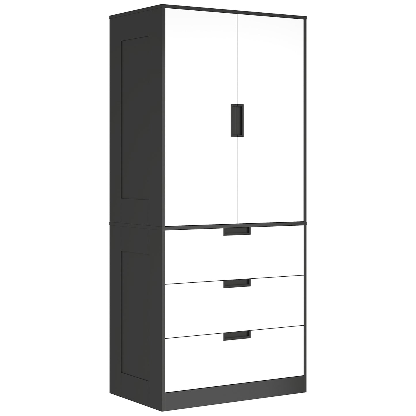2 Door Wardrobe, Modern Wardrobe With 3 Drawers And Hanging Rod For Bedroom, Black