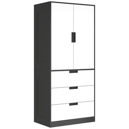 2 Door Wardrobe, Modern Wardrobe With 3 Drawers And Hanging Rod For Bedroom, Black