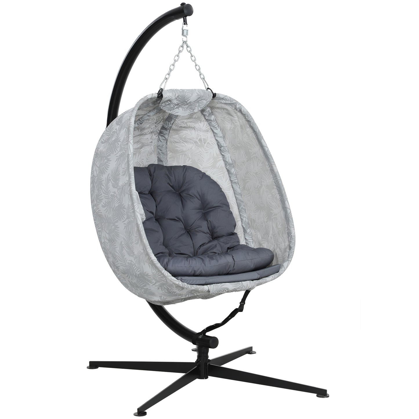Hanging Egg Chair Outdoor Indoor Garden Swing Chair With Folding Basket, Garden Hanging Chair With Stand, Thickened Cushion, Cup Holder For Patio, Balcony, Grey