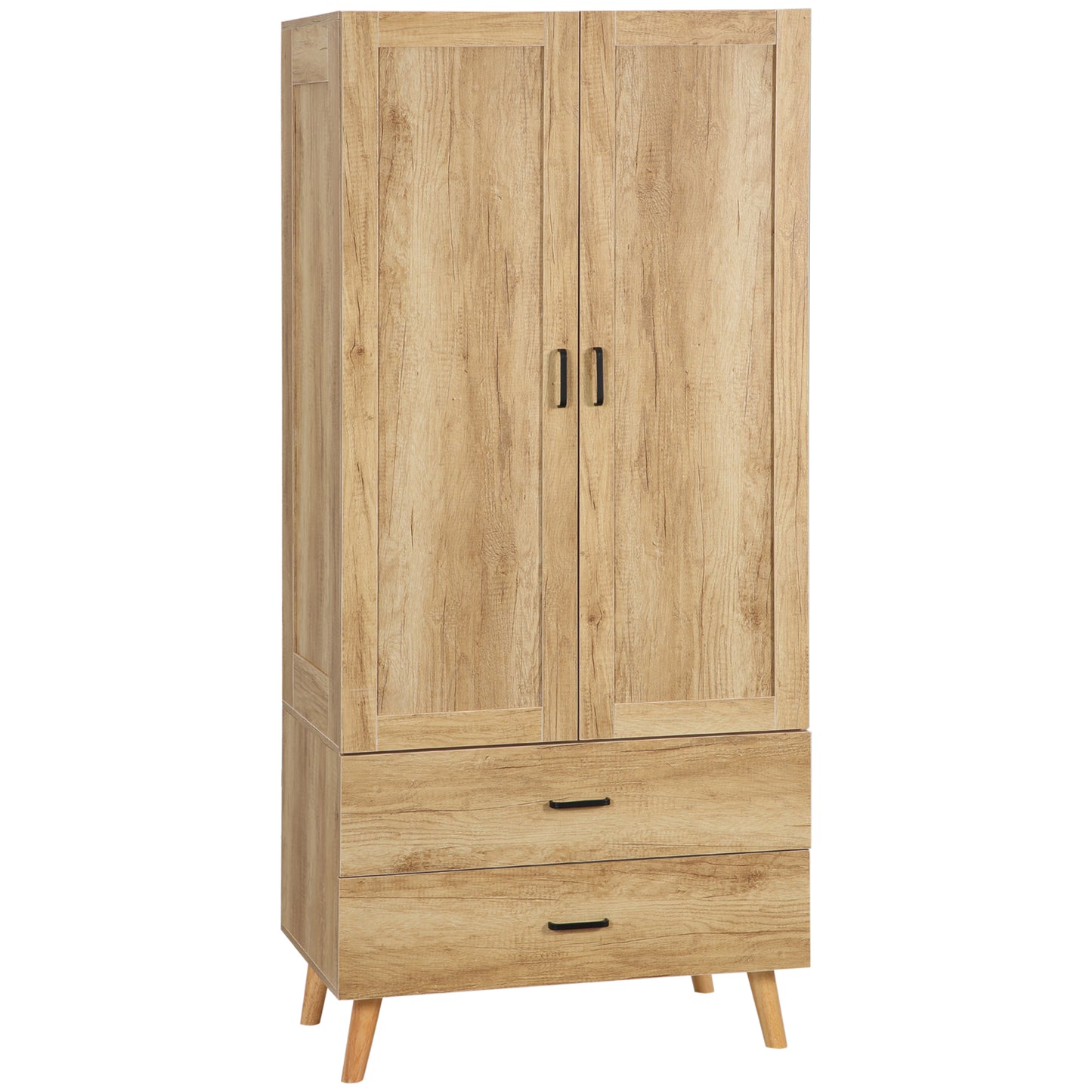 2 Door Wardrobe, Modern Wardrobe With 2 Drawer And Hanging Rail For Bedroom, Natural