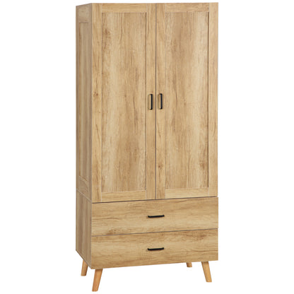 2 Door Wardrobe, Modern Wardrobe With 2 Drawer And Hanging Rail For Bedroom, Natural