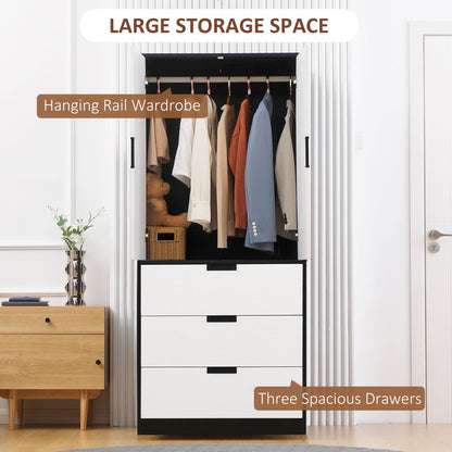 2 Door Wardrobe, Modern Wardrobe With 3 Drawers And Hanging Rod For Bedroom, Black