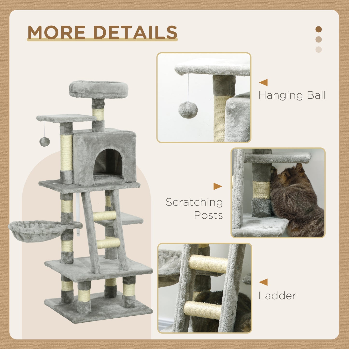 PawHut 132cm Cat Tree With Scratching Post, House, Hammock, Toy Balls - Grey