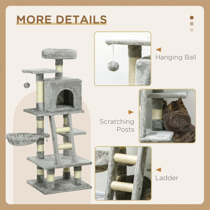 PawHut 132cm Cat Tree With Scratching Post, House, Hammock, Toy Balls - Grey