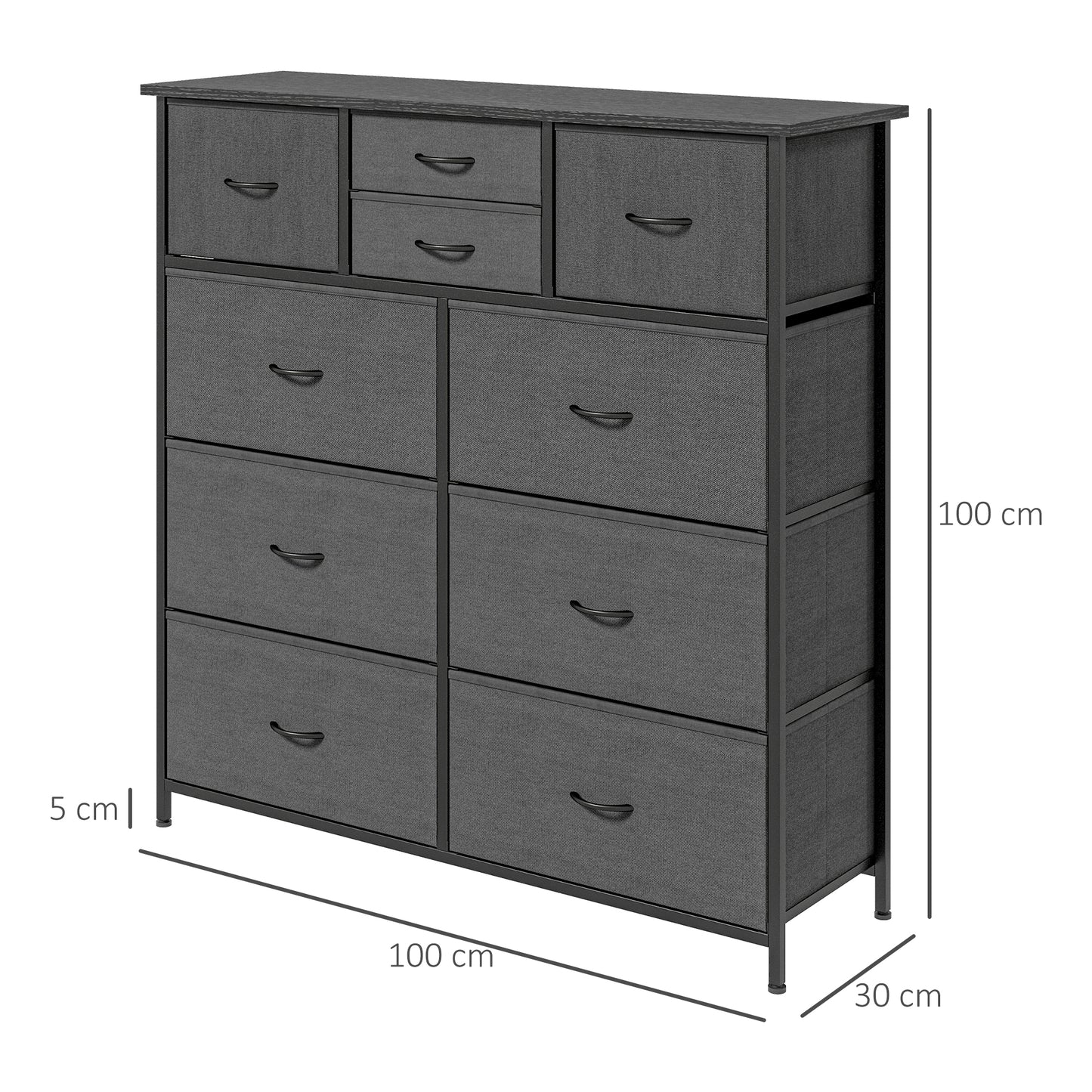 Bedroom Chest Of Drawers, 10 Drawer Dresser With Foldable Fabric Drawers And Steel Frame, Black