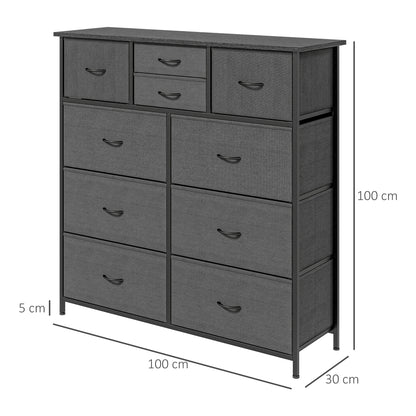 Bedroom Chest Of Drawers, 10 Drawer Dresser With Foldable Fabric Drawers And Steel Frame, Black