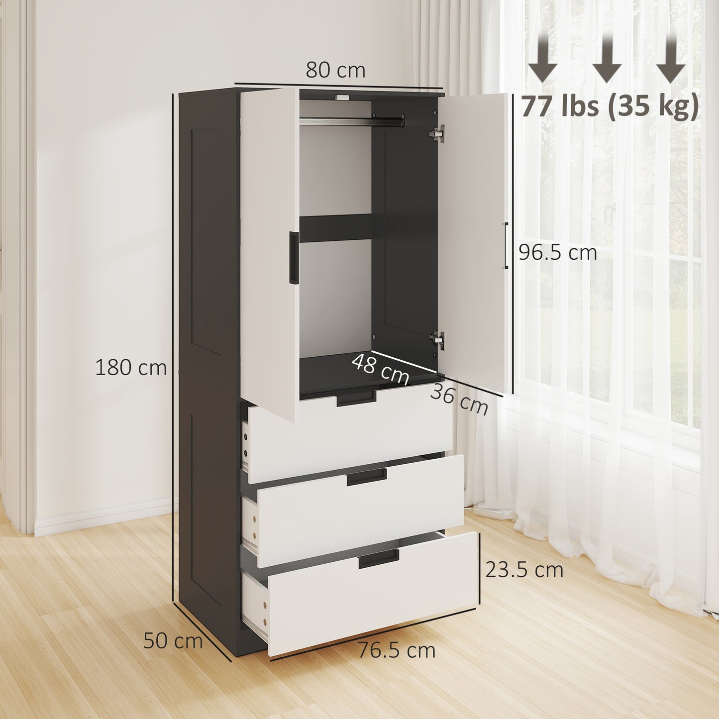 2 Door Wardrobe, Modern Wardrobe With 3 Drawers And Hanging Rod For Bedroom, Black