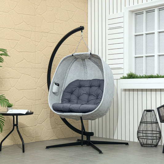 Hanging Egg Chair Outdoor Indoor Garden Swing Chair With Folding Basket, Garden Hanging Chair With Stand, Thickened Cushion, Cup Holder For Patio, Balcony, Grey