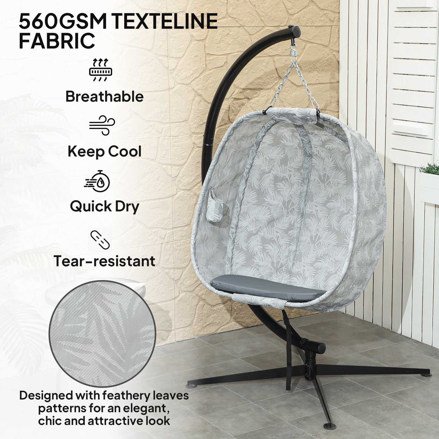 Hanging Egg Chair Outdoor Indoor Garden Swing Chair With Folding Basket, Garden Hanging Chair With Stand, Thickened Cushion, Cup Holder For Patio, Balcony, Grey
