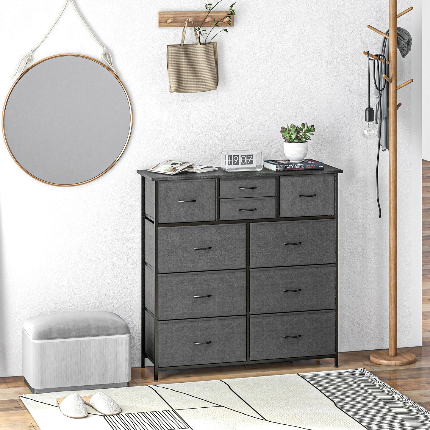 Bedroom Chest Of Drawers, 10 Drawer Dresser With Foldable Fabric Drawers And Steel Frame, Black