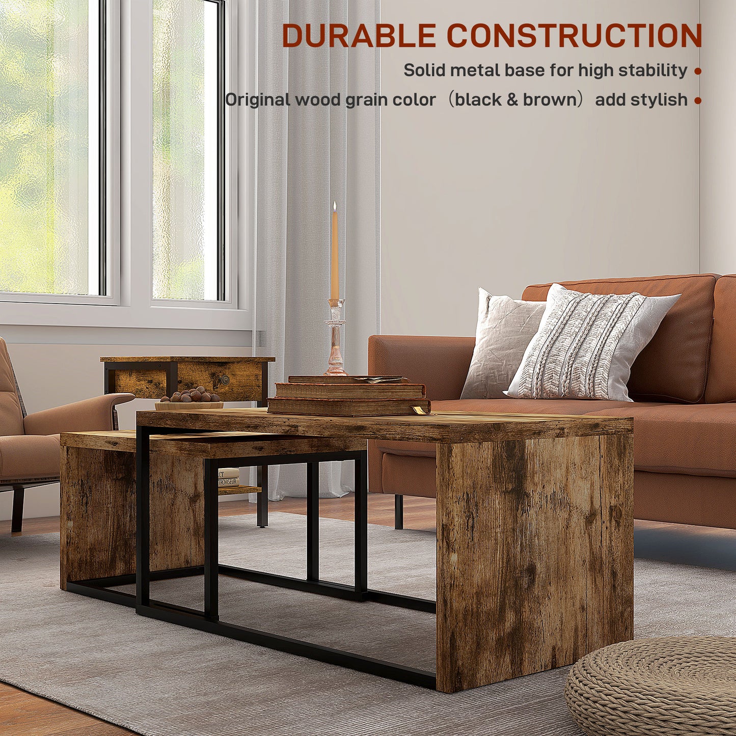 Nesting Coffee Table Set Of 2, Industrial Stacking Side End Tables With Metal Frame , Rustic Brown