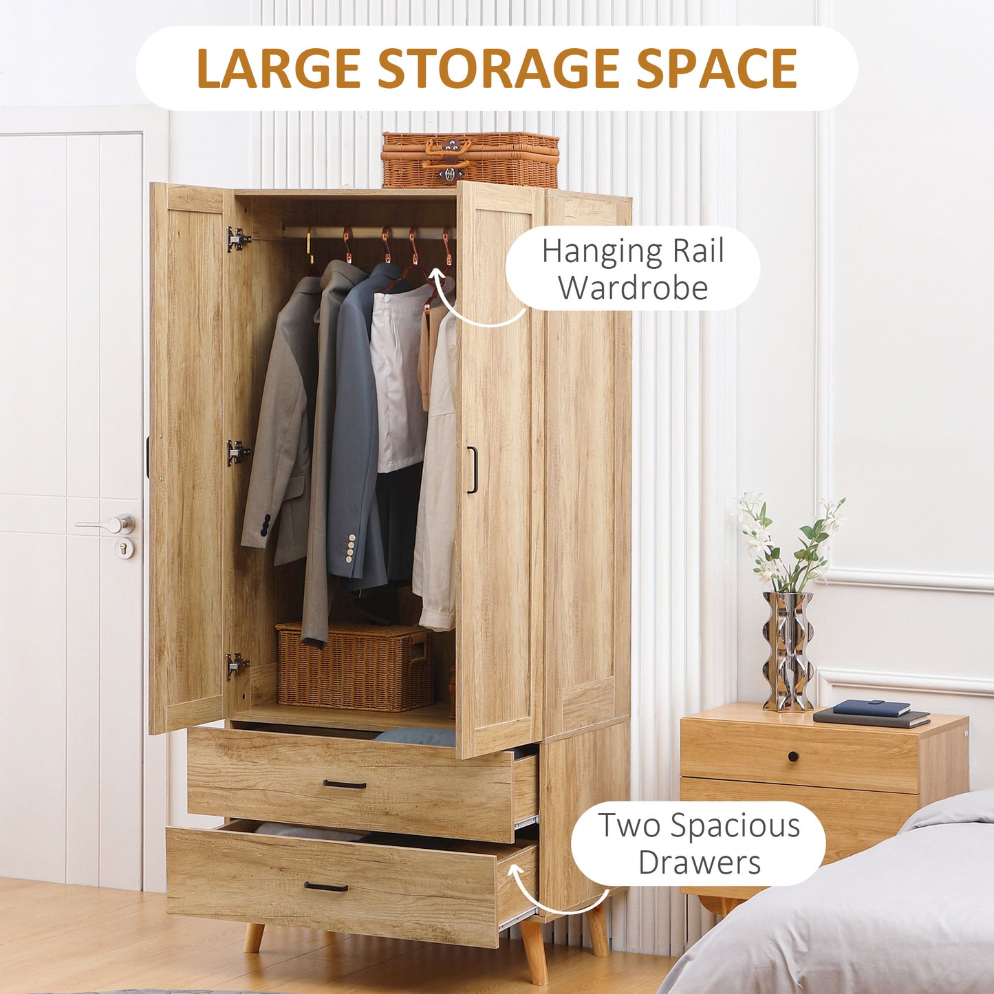 2 Door Wardrobe, Modern Wardrobe With 2 Drawer And Hanging Rail For Bedroom, Natural