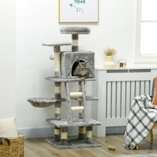 PawHut 132cm Cat Tree With Scratching Post, House, Hammock, Toy Balls - Grey