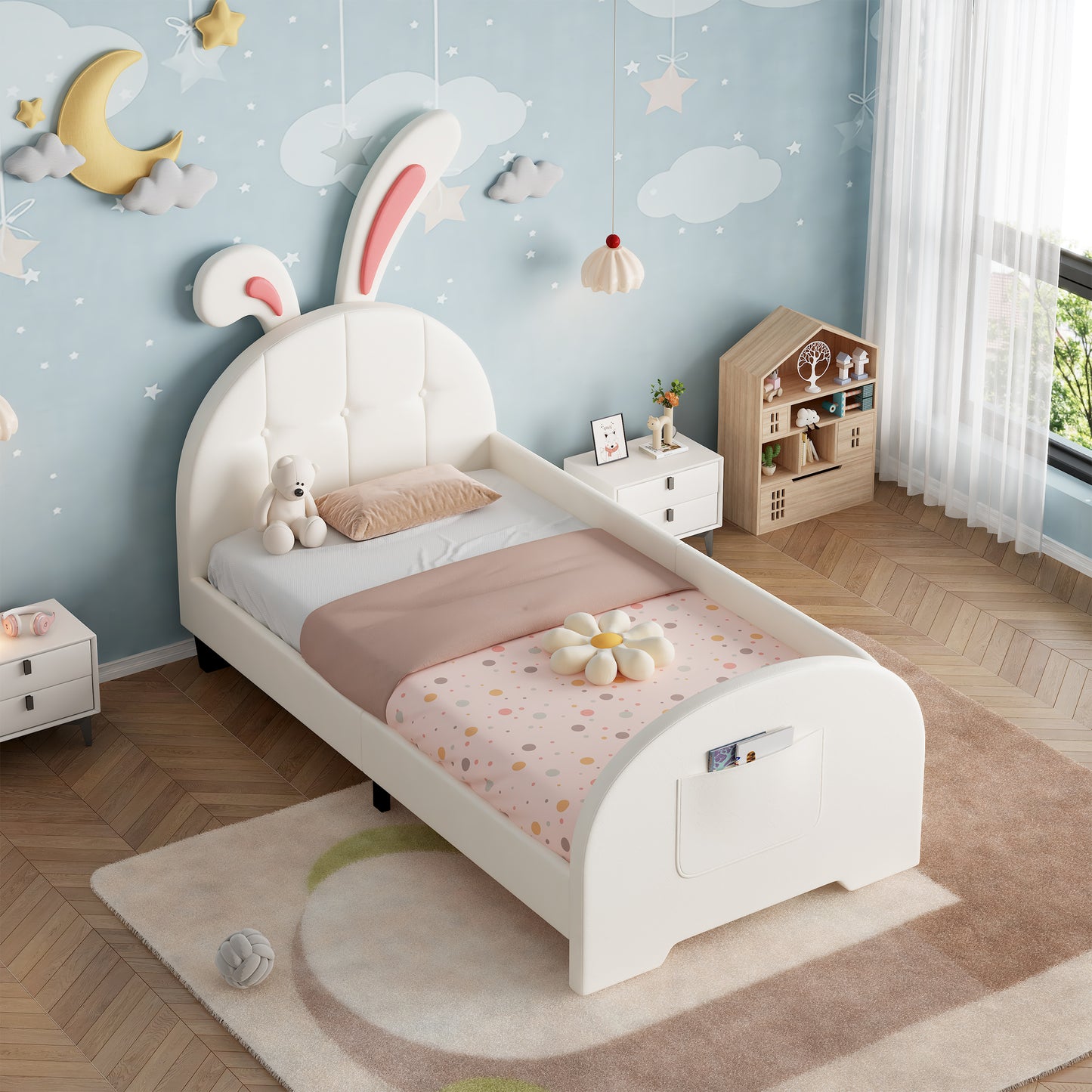 3ft Single Rabbit-Shaped Upholstered Bed Frame, Bunny Ear Headboard & Footboard Storage Pocket, Soft PU Leather Single Bed With Sturdy Metal-Wood Frame, Cream White  No Mattress