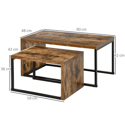Nesting Coffee Table Set Of 2, Industrial Stacking Side End Tables With Metal Frame , Rustic Brown