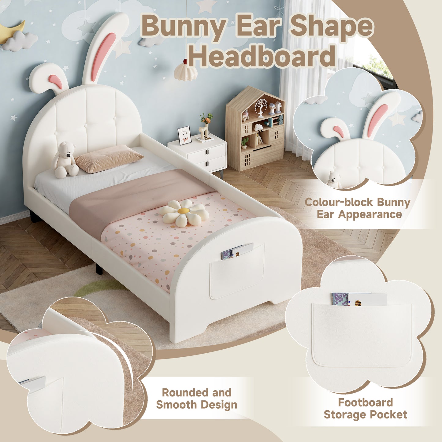 3ft Single Rabbit-Shaped Upholstered Bed Frame, Bunny Ear Headboard & Footboard Storage Pocket, Soft PU Leather Single Bed With Sturdy Metal-Wood Frame, Cream White  No Mattress