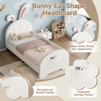 3ft Single Rabbit-Shaped Upholstered Bed Frame, Bunny Ear Headboard & Footboard Storage Pocket, Soft PU Leather Single Bed With Sturdy Metal-Wood Frame, Cream White  No Mattress