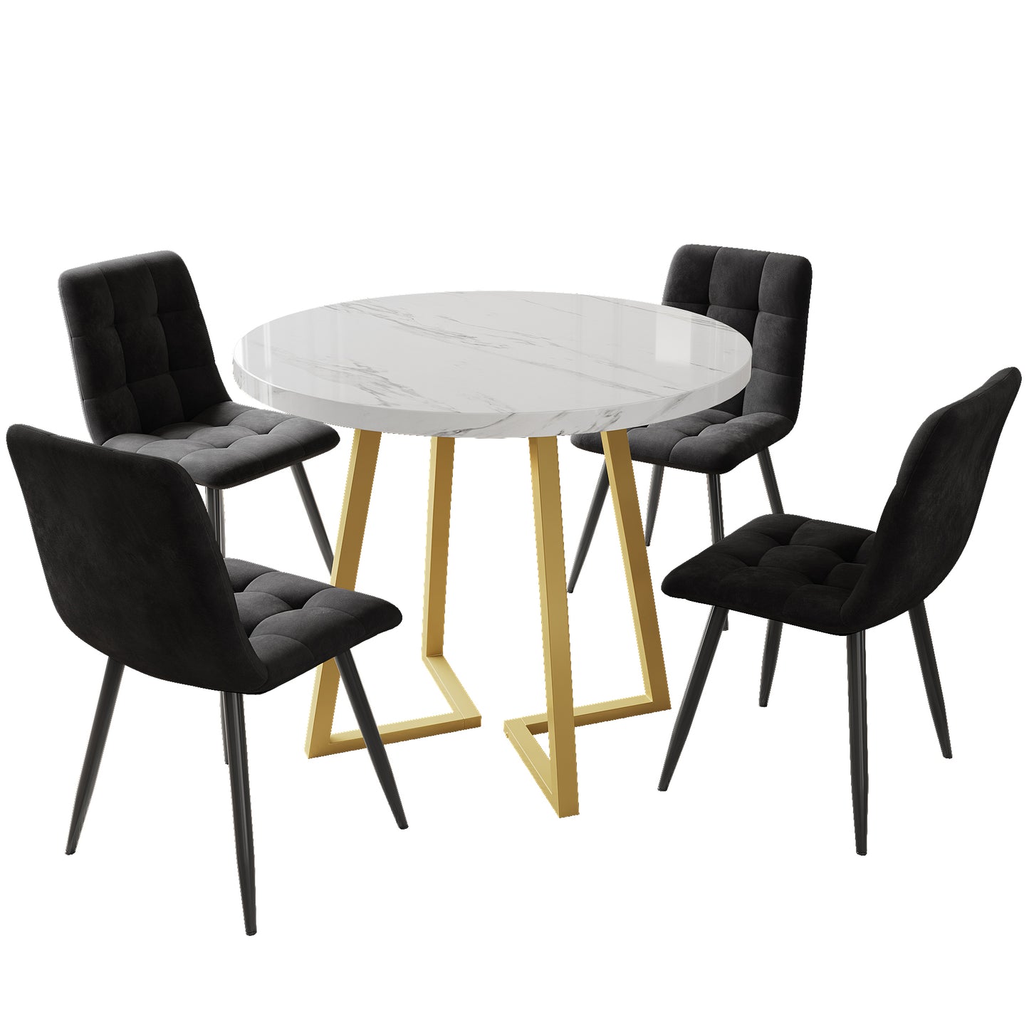 Dining Table Set  5 Pieces With 4 Chairs, Gold Metal Legs, White Top, Black Velvet Dining Chairs