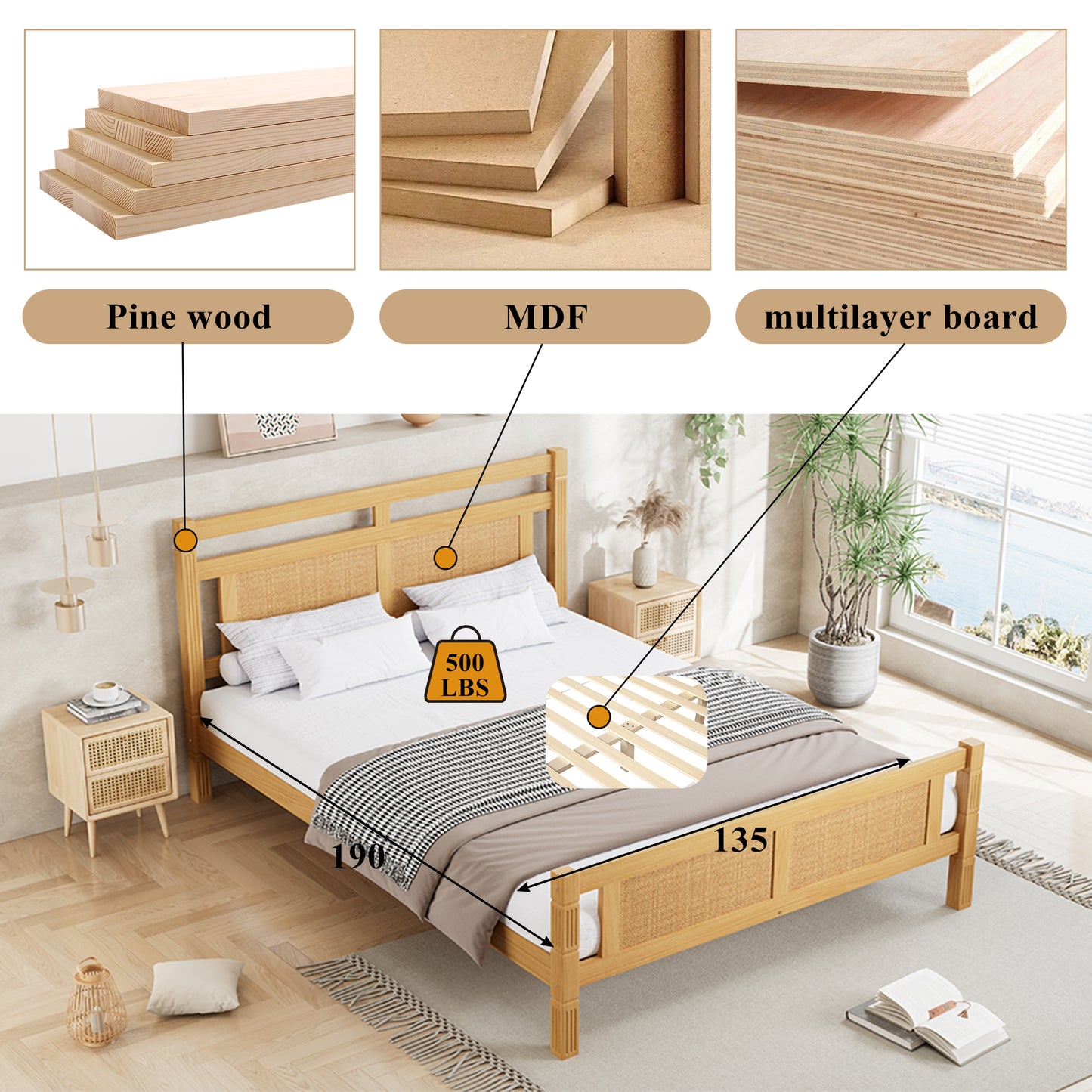 Wooden Bed, 4ft6 Double Bed , Wood Colour
