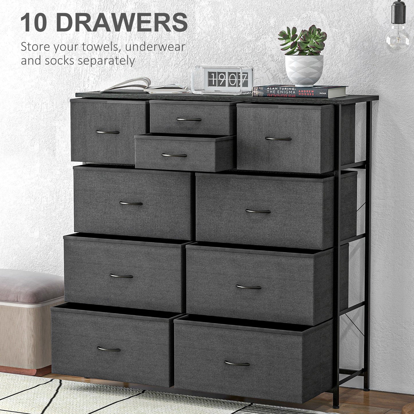 Bedroom Chest Of Drawers, 10 Drawer Dresser With Foldable Fabric Drawers And Steel Frame, Black