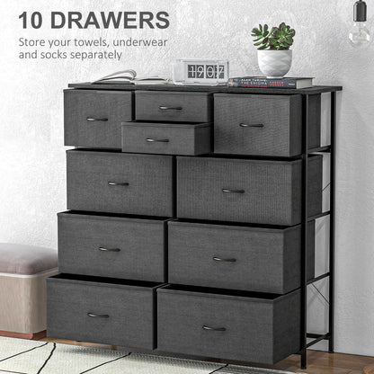 Bedroom Chest Of Drawers, 10 Drawer Dresser With Foldable Fabric Drawers And Steel Frame, Black