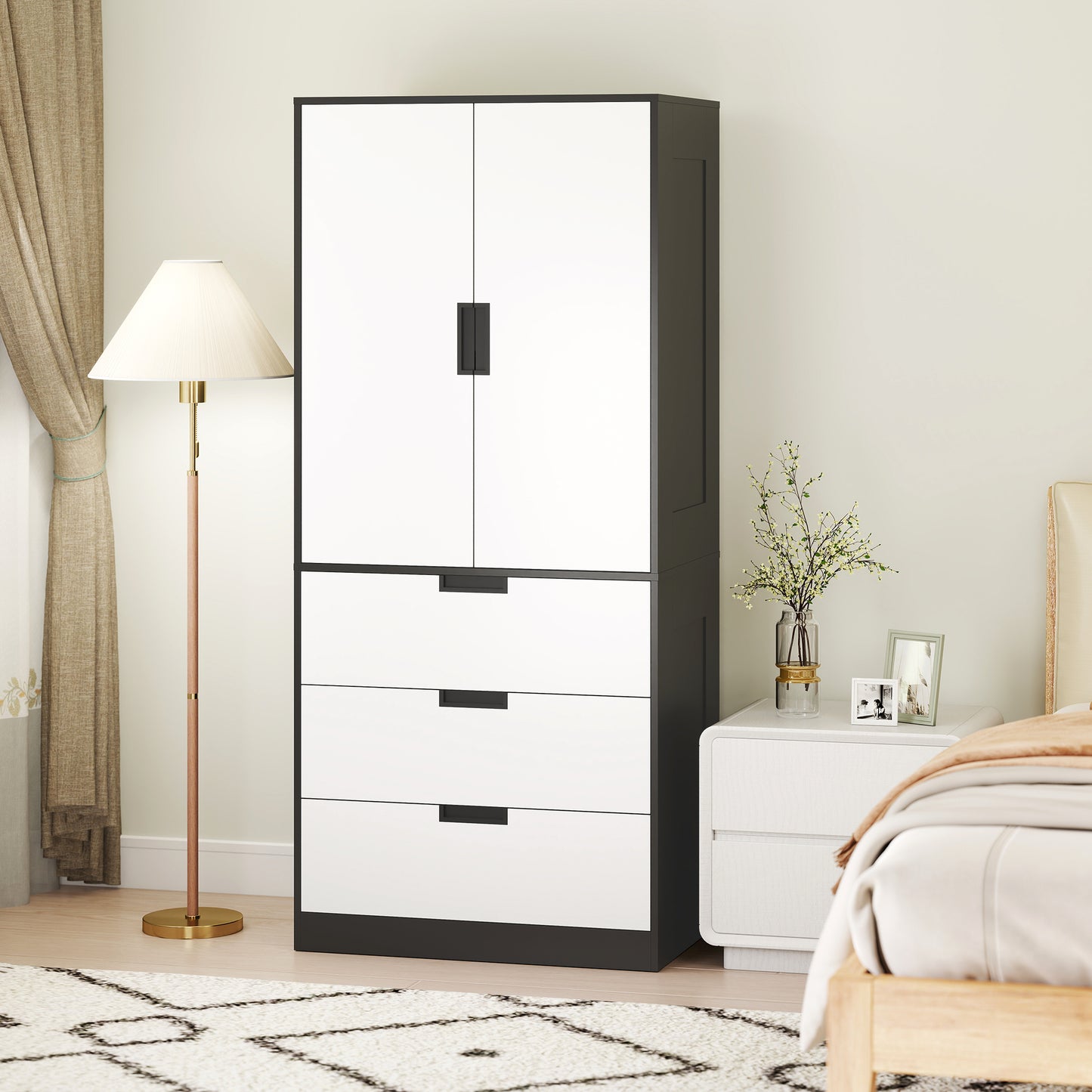 2 Door Wardrobe, Modern Wardrobe With 3 Drawers And Hanging Rod For Bedroom, Black