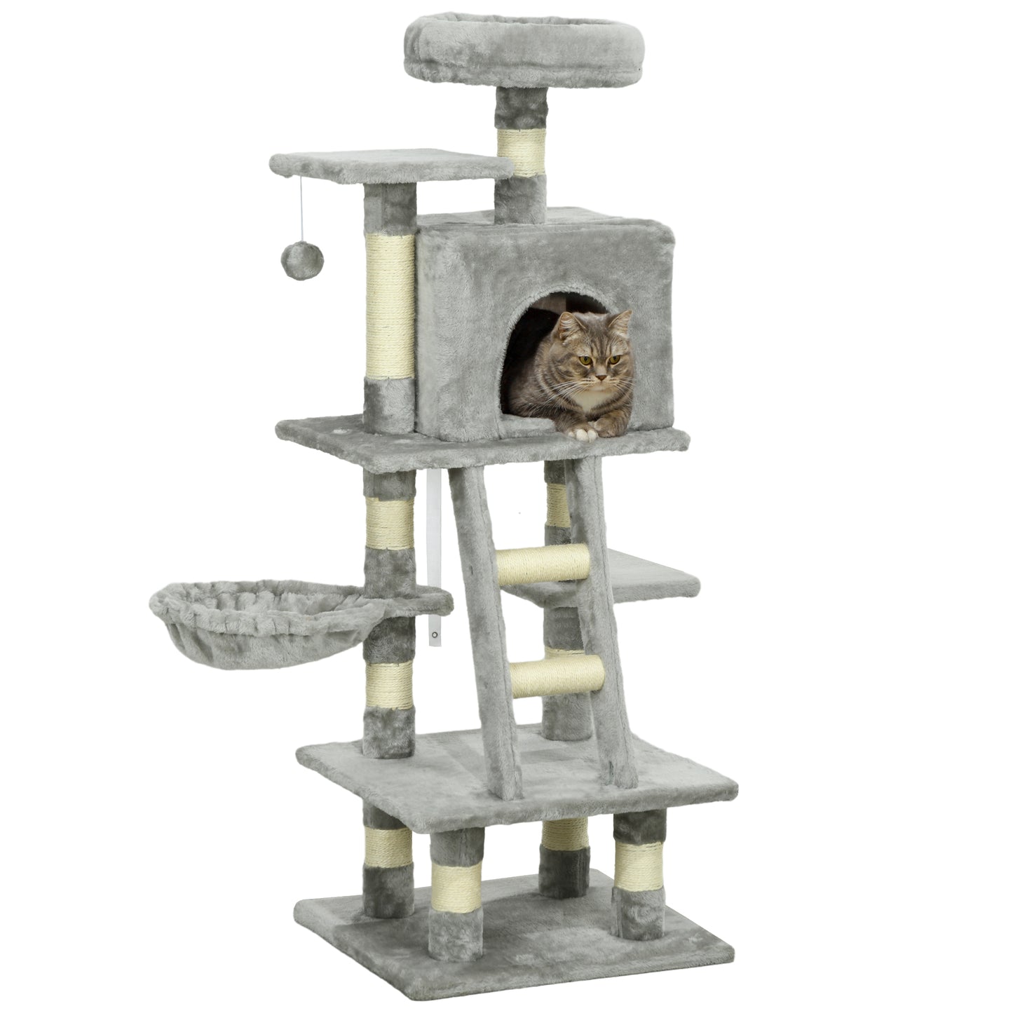 PawHut 132cm Cat Tree With Scratching Post, House, Hammock, Toy Balls - Grey