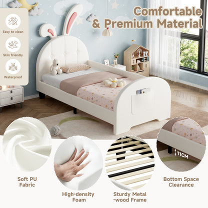 3ft Single Rabbit-Shaped Upholstered Bed Frame, Bunny Ear Headboard & Footboard Storage Pocket, Soft PU Leather Single Bed With Sturdy Metal-Wood Frame, Cream White  No Mattress