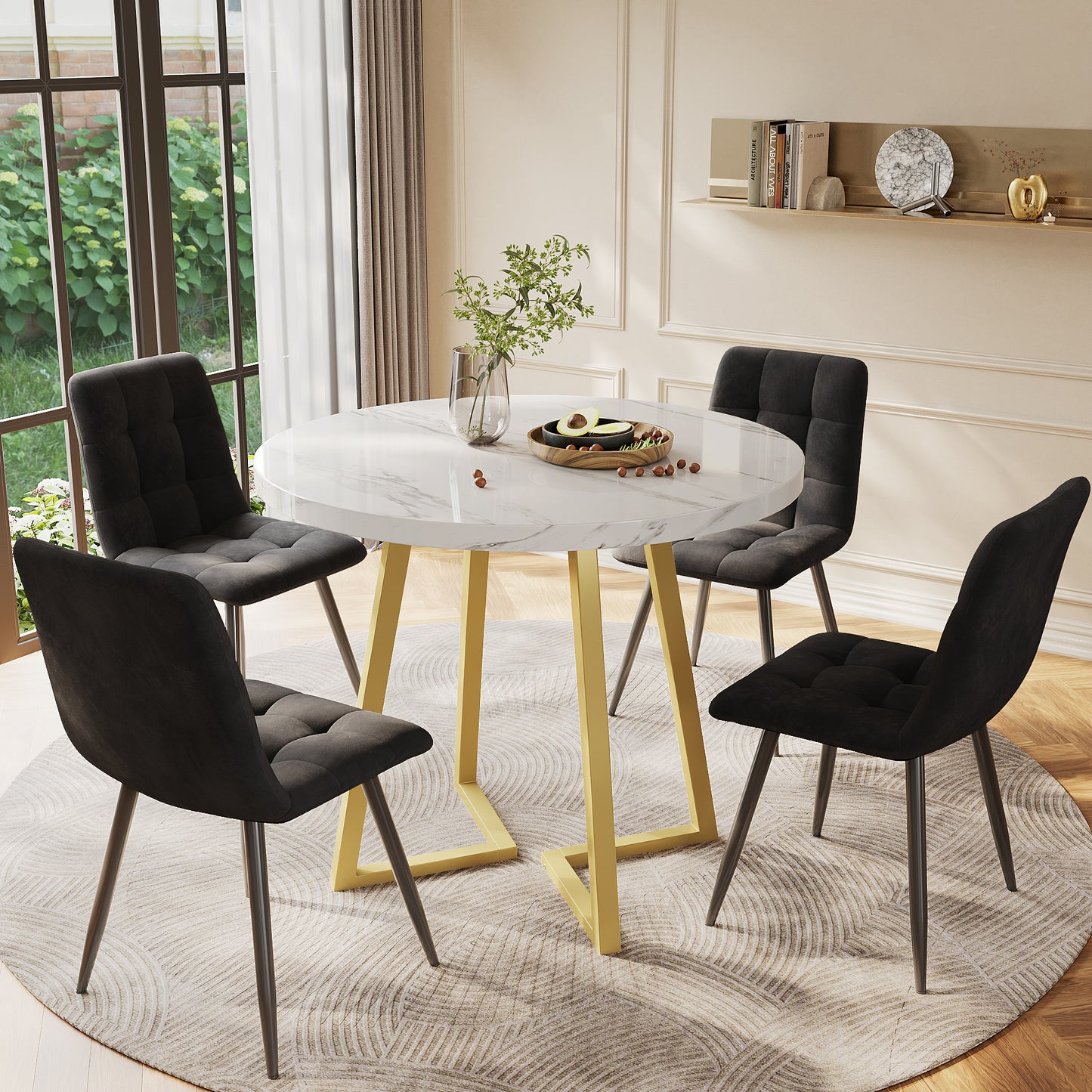 Dining Table Set  5 Pieces With 4 Chairs, Gold Metal Legs, White Top, Black Velvet Dining Chairs