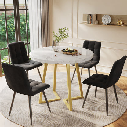 Dining Table Set  5 Pieces With 4 Chairs, Gold Metal Legs, White Top, Black Velvet Dining Chairs