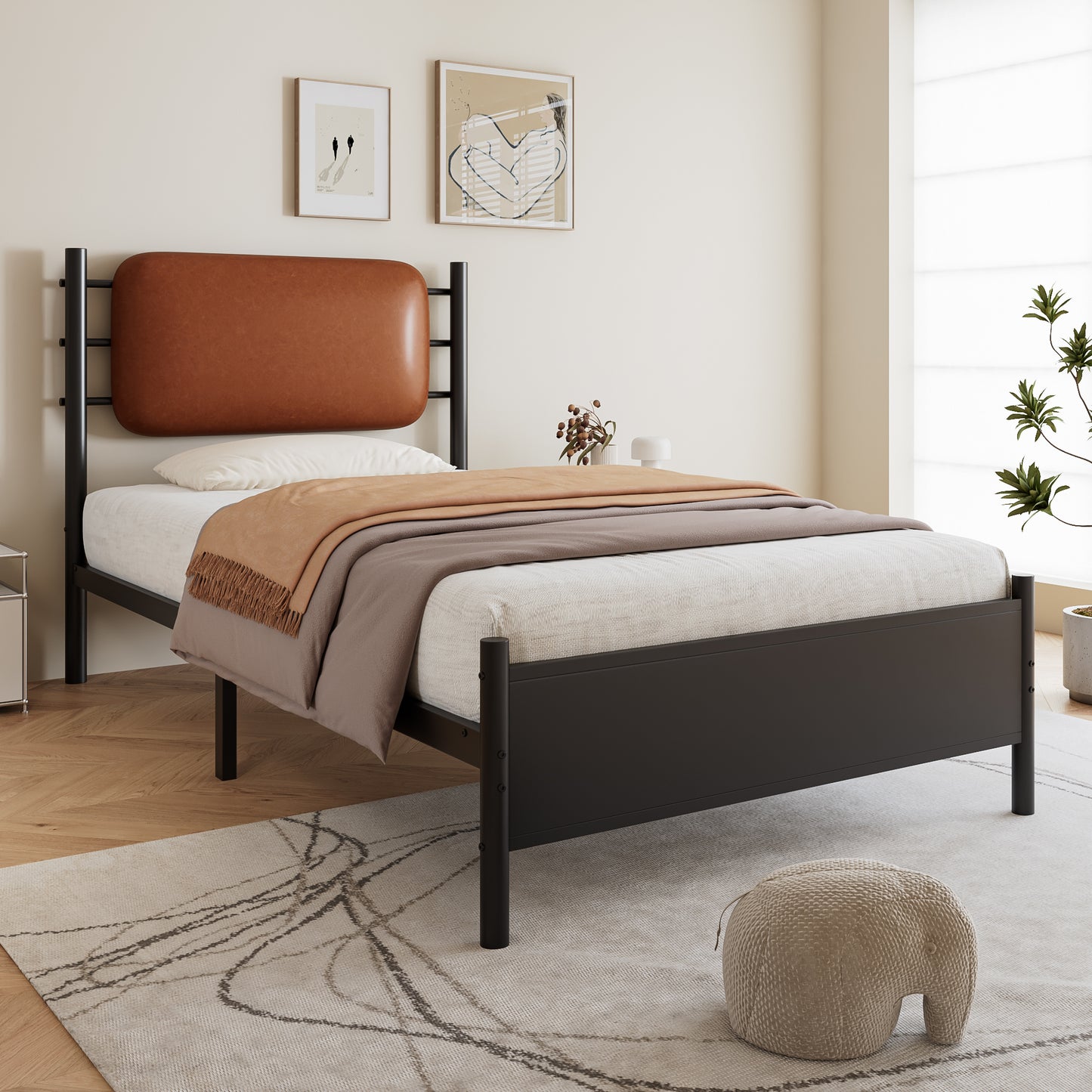 Metal Bed, 3FT Single Bed 90x190cm, With A PU-upholstered Headboard, Durable And Sturdy, Youth Bed, For Adults & Teenagers, Wrought Iron Bed, Black Iron PU