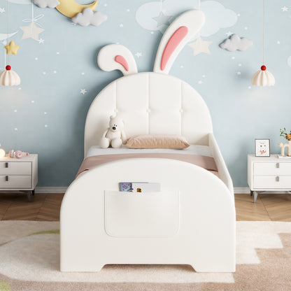 3ft Single Rabbit-Shaped Upholstered Bed Frame, Bunny Ear Headboard & Footboard Storage Pocket, Soft PU Leather Single Bed With Sturdy Metal-Wood Frame, Cream White  No Mattress