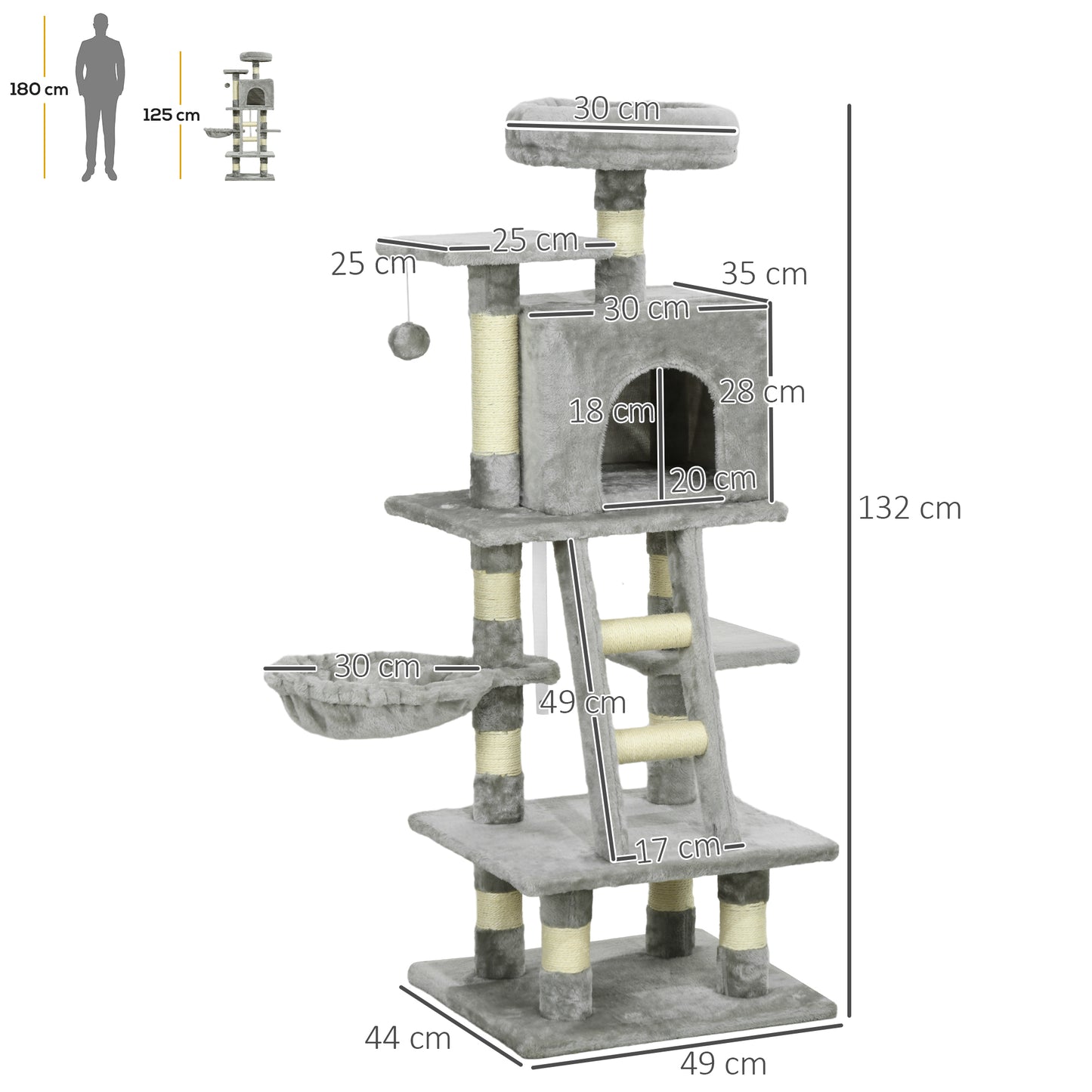 PawHut 132cm Cat Tree With Scratching Post, House, Hammock, Toy Balls - Grey