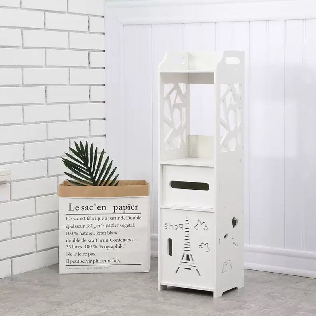 Bathroom Storage Waterproof Cabinet With Paper Drawer Tall White