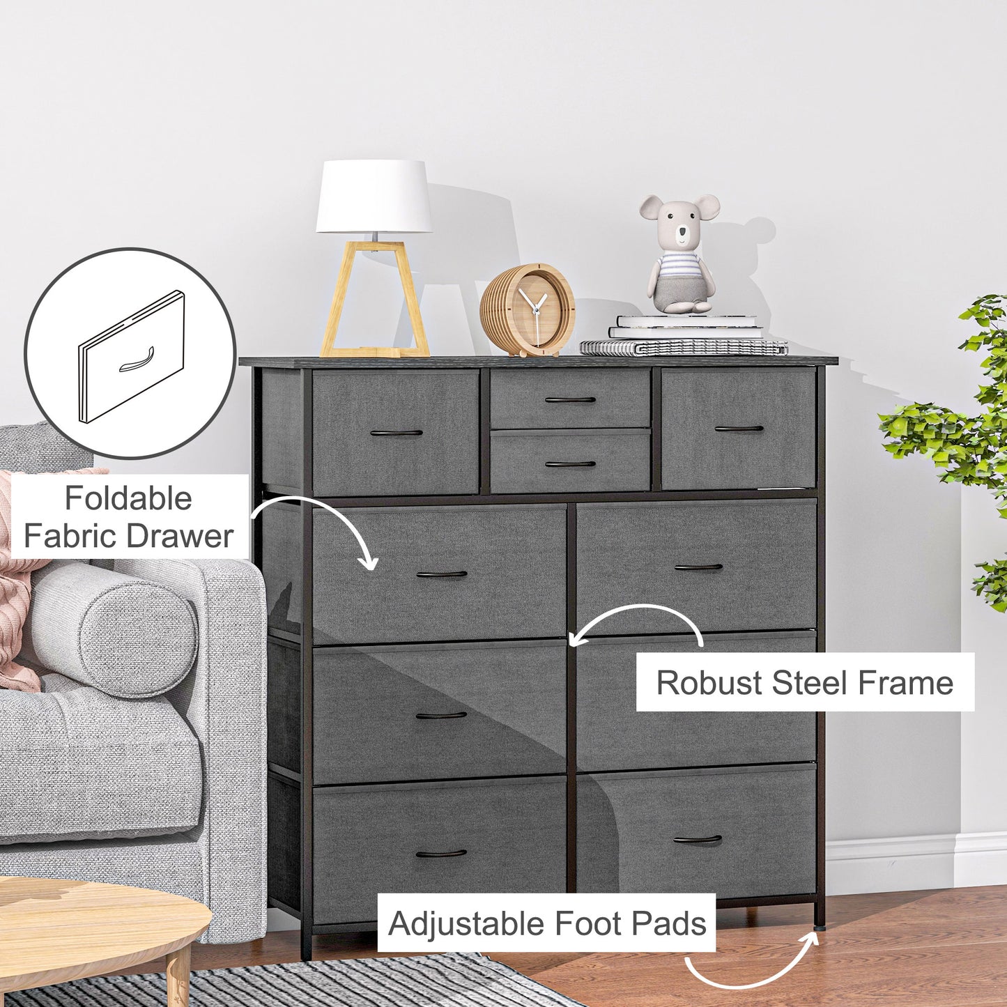 Bedroom Chest Of Drawers, 10 Drawer Dresser With Foldable Fabric Drawers And Steel Frame, Black