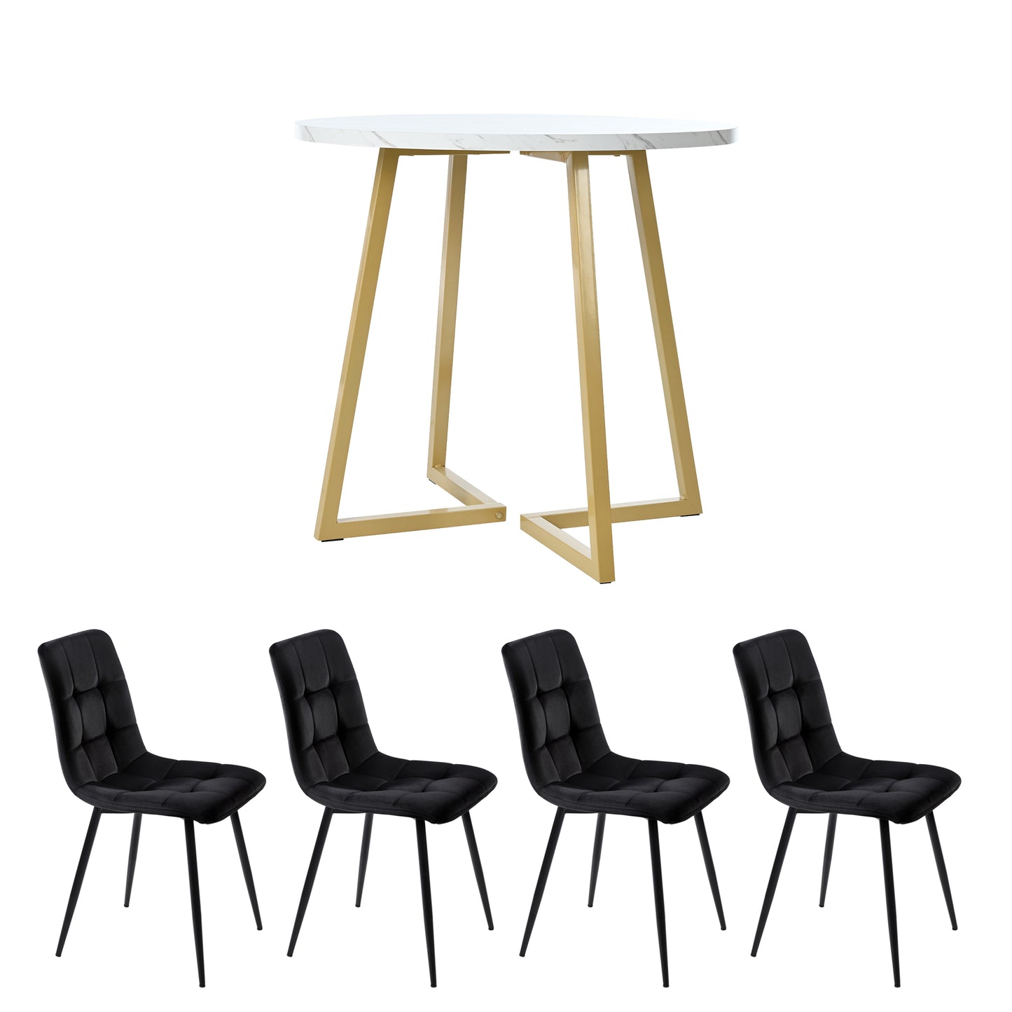 Dining Table Set  5 Pieces With 4 Chairs, Gold Metal Legs, White Top, Black Velvet Dining Chairs