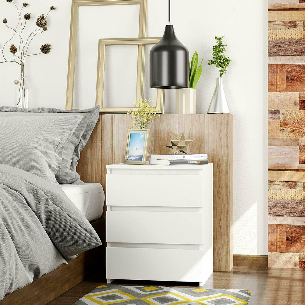 White Modern Bedside Table Cabinet Nightstand With 3 Storage Drawers Bedroom Furniture