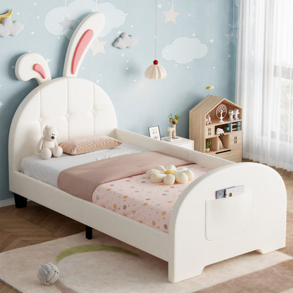 3ft Single Rabbit-Shaped Upholstered Bed Frame, Bunny Ear Headboard & Footboard Storage Pocket, Soft PU Leather Single Bed With Sturdy Metal-Wood Frame, Cream White  No Mattress