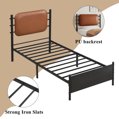 Metal Bed, 3FT Single Bed 90x190cm, With A PU-upholstered Headboard, Durable And Sturdy, Youth Bed, For Adults & Teenagers, Wrought Iron Bed, Black Iron PU