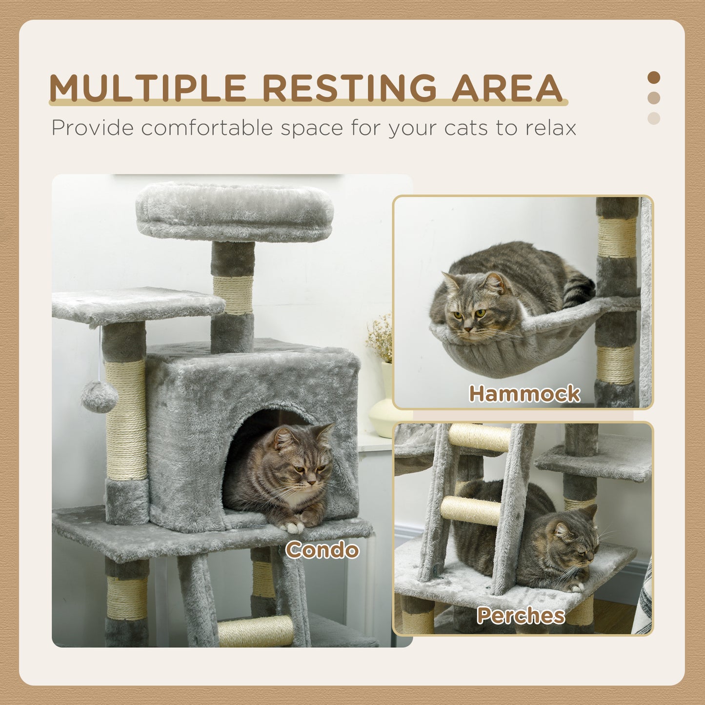 PawHut 132cm Cat Tree With Scratching Post, House, Hammock, Toy Balls - Grey
