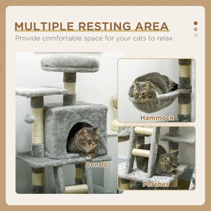 PawHut 132cm Cat Tree With Scratching Post, House, Hammock, Toy Balls - Grey