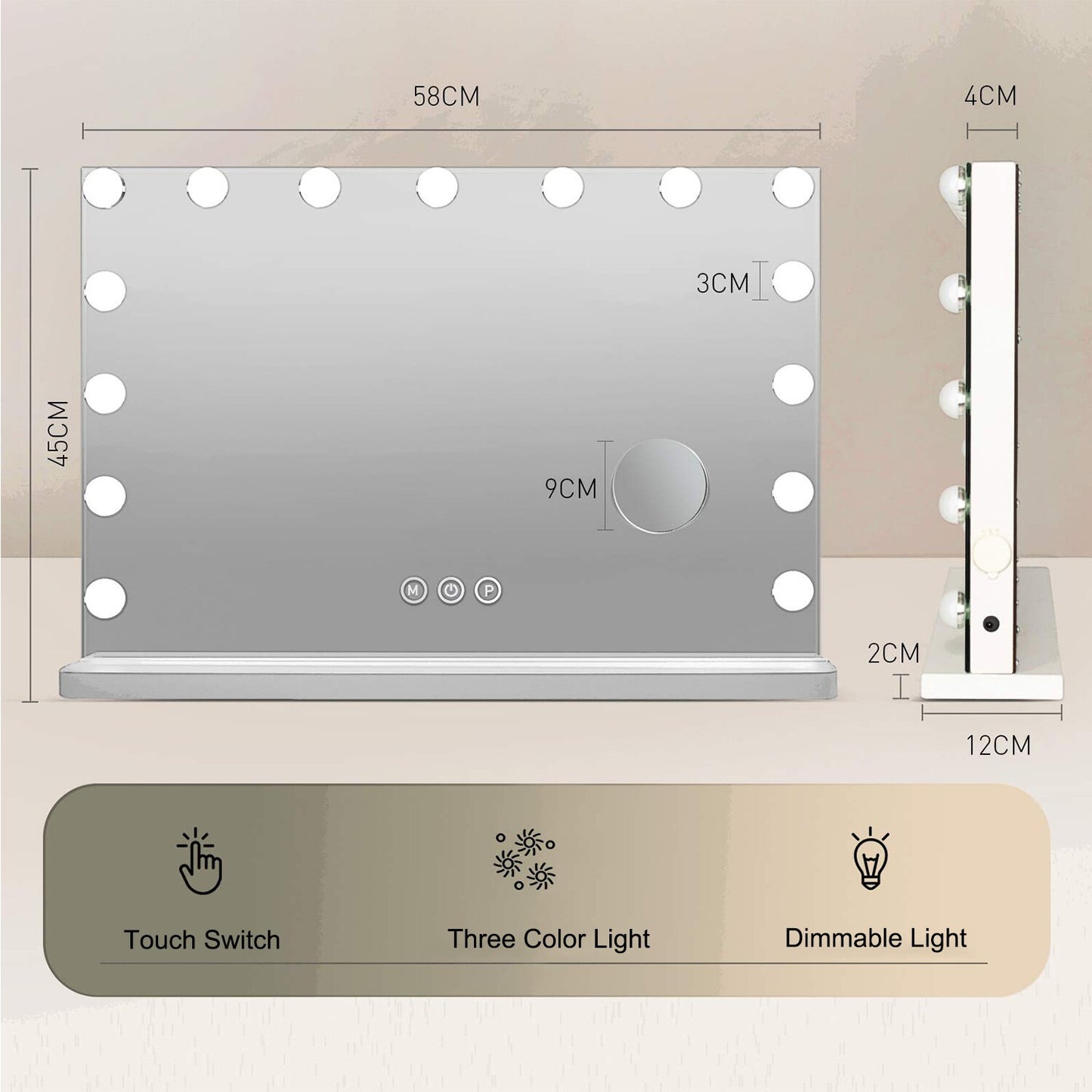 15 Bulb Large Hollywood Make-up Mirror Lighting 58*46cm w/USB Charging