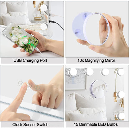 15 Bulb Large Hollywood Make-up Mirror Lighting 58*46cm w/USB Charging